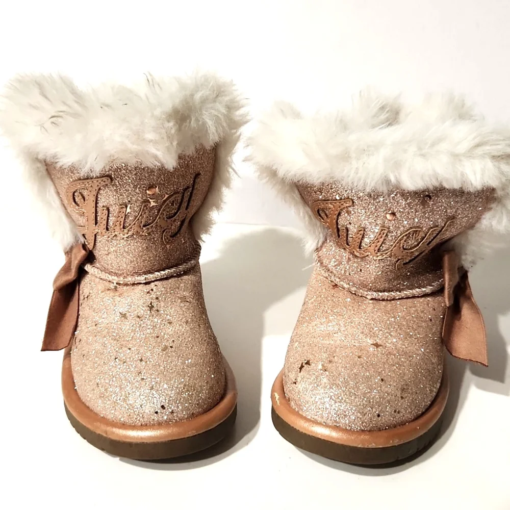 Juicy Couture Windsor Girl's Rose Gold Sparkle Faux Fur Toddler Boots Size 6